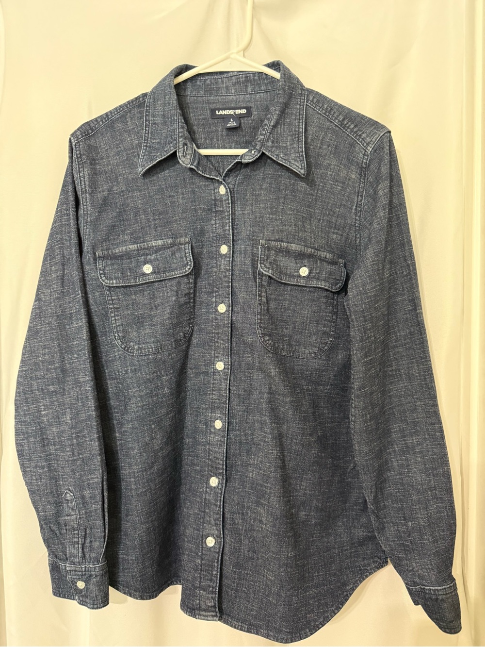 Kids Lands End Dark Denim Chambray Button Up Shirt